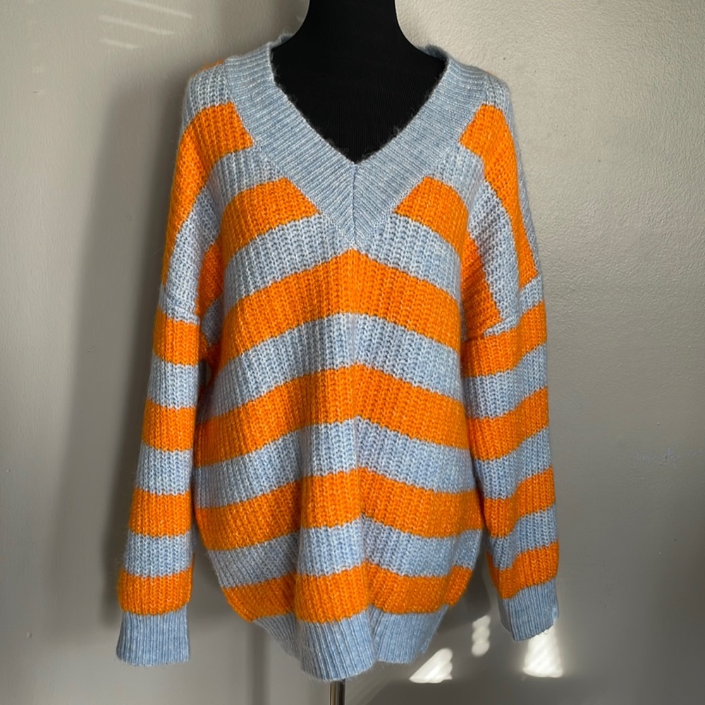 Mango oversized knit blue and orange striped sweater